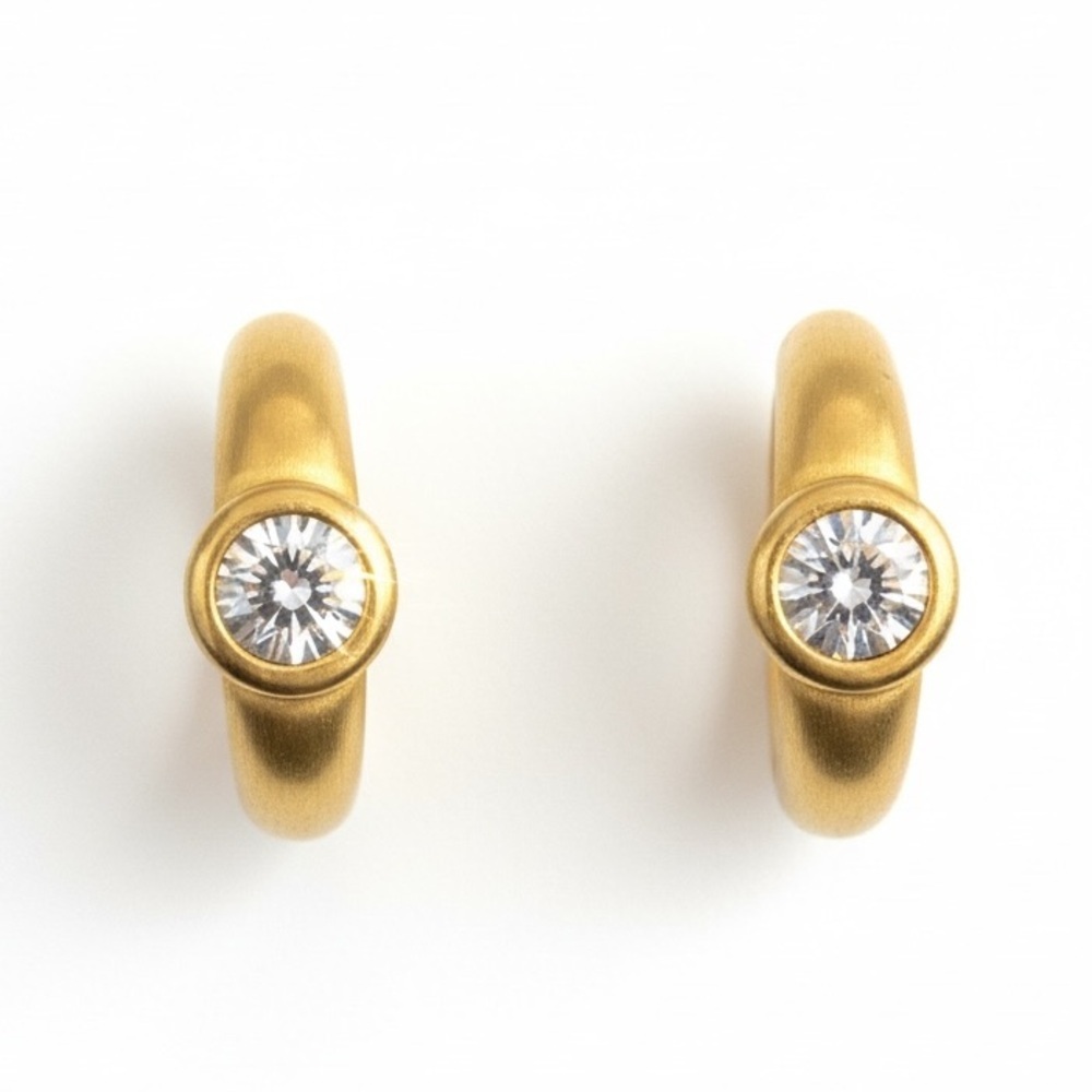 Vintage Gold Tone Crystal Hoop Earrings Huggie Bezel Set Minimalist Jewelry - Picture 1 of 8